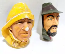 Pair Vintage Bossons England Chalkware Plaque Wall Fisherman & Tibetan Head 1965
