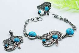 Horus Eye Set: (bracelet, ring, pendant) (turquoise stone)31 gram.