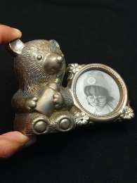 Antique Silver Metal Teddy Bear Piggy Bank with Photo Frame