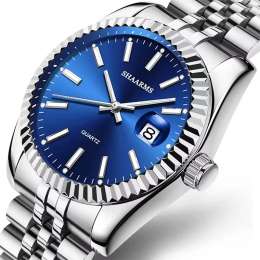 Luxury Blue Quartz Watch Men Stainless Steel Band Calendar Fashion Elegant