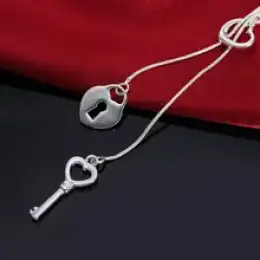 Women Sterling Silver925 Pendant Jewelry Heart Key Lock 8g Necklace High Quality