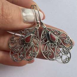 Vintage Filigree Sterling Silver 925 Womens Jewelry Earrings Natural Red Jasper