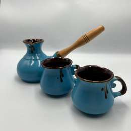Coffee Set Serving Blue Ceramic Pot Handmade Drinking Cups Ukraine Crafts 3pcs