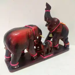 Vintage Hand Carved Wooden Elephants 4 Statues Figurines Solid Wood W bells Deco