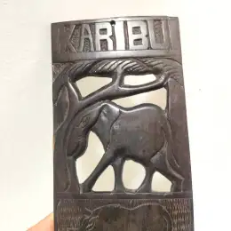 Vintage Wood Carved Karibu Handmade Wall Hanging Brown Plate