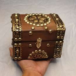 Antique Wooden Jewelry Box Made of Brass and Decorated with Hand Sign box