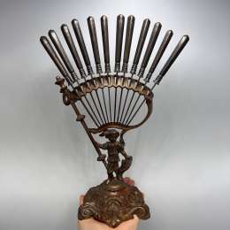 FRAGET WARSZ. Antique Set 12 Fruit Knives on Stand Deponirt Silver Plated 30cm