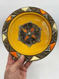 Vintage Pottery Plate Wall Hanging Decorated With Copper Silver Plated W Stones
