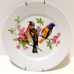 Vintage Porcelain Wall Josef Kuba Plate 2 Birds Pink Flowers Design Germany 7.8