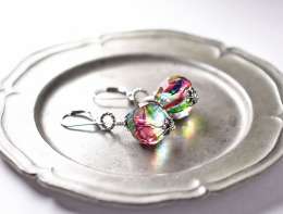 Large Nntique Iris Glass and Greek  Silver Bell Earrings Antique Vintage Earings