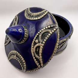 Vintage Antique Art Pottery Hand Etched Silver Cobalt Glaze Vanity Trinket Box