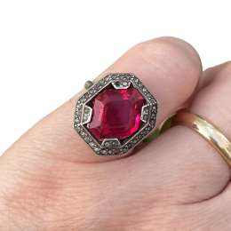Elegant Antique French 800 Silver Cocktail Ring With Pink And White Paste Stones