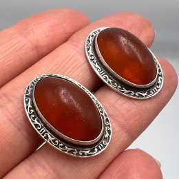 Vintage Men's Jewelry Cufflinks USSR Silver 875 Natural Baltic Amber Marked