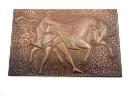 Antique Copper on Wood Sculpture Vintage Mission Farm Worker Iconic Hanging