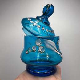 1900 Antique Imperial Turquoise Art Glas Candy Jar Trinket Jewelry Box Maltsev