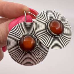 Huge Vintage Sterling Silver 925 Women's Jewelry Stud Earrings Cornelian Stone