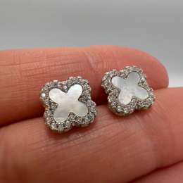 Sterling Silver 925 Women's Jewelry Stud Earrings Clover Mothe of Pearl Marked