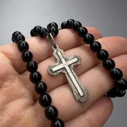 Vintage Silver Cross Rosary Necklace - Black Beads Christian Prayer Pendant