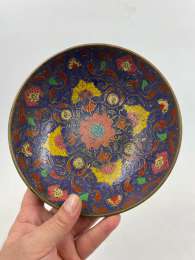Vintage Copper Fruit Bowl Hand Carved Pot And Colored Heavy Engraved Decor 8 in