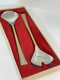 Vintage pair of Stainless Steel Hoogosil H Salad Serving Set Flatware Gold Trim