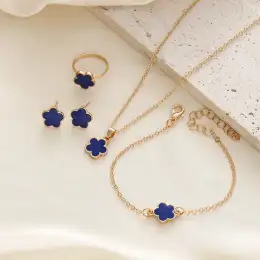 Fashionable Four-piece Set Jewelry for Woman Lucky Five-petal Flower Clover Earr