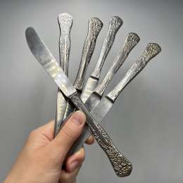 Vintage Table Knives Set Stainless Steel 6pcs Decorative Handle 1970s Ussr Mark