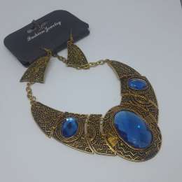 Vintage Women Necklace Choker Of Brass Handmade Traditional Jewelry Blue Stones