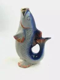 Vintage USSR Hand Painted Porcelain Blue White Fish Vase Decanter No Stopper