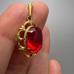 1970s Vintage USSR Retro Style Women's Jewelry Pendant Gold Tone Red Stone