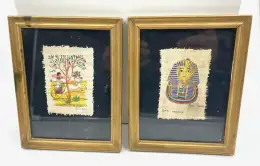 Vintage Set of 2 Original Papyrus Painting King Tutankhamen Framed 8*6 in