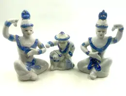 Vintage Set of 3 Thai Siamese Porcelain White Blue Gold Temple Dancer Figurines