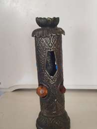 Antique Copper Candle Holder with One Candle, Decorated with Glass Beads