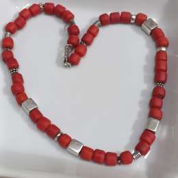 Vintage   Red Coral Sterling Silver Necklace