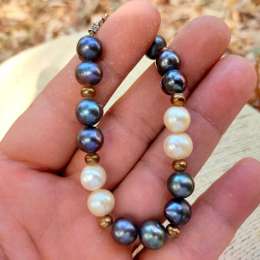 Natural Pearls White Pink Black Real Bead 925 Sterling Silver Clasp Bracelet