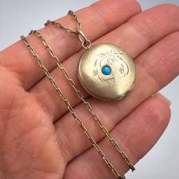 Vintage USSR 875 Silver Gilded Locket Necklace Blue Stone Floral Pendant 7.9g