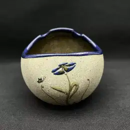 Unique Vintage Pottery Handmade Enamel Ashtray Art Decor office Flower Signed