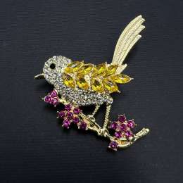 Bird Brooch Yellow Rhinestone Pin Pink Flower Nature Jewelry Gift Her Gold Tone