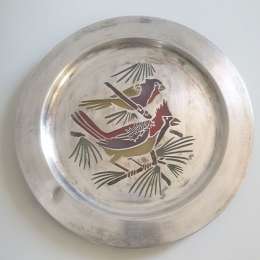 Glowing Enamel Ornate Bird Motif Metal Plate Vintage White Copper Unique Decor