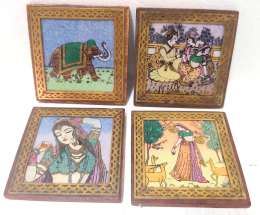 Lot of 4 Handmade Vintage Indian Sheesham Wood Brass Gemstone Art Small Plate