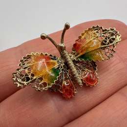 Antique Italian Butterfly Brooch Filigree Gilt Silver 800 Enamel Vintage Jewelry