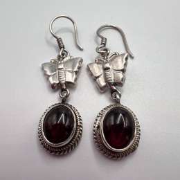 Vintage Sterling Silver 925 Butterfly Drop Earrings Garnet Stone Dangle Boho Jew
