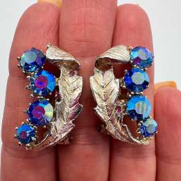 Vintage 1960s Clip On Earrings | Blue Aurora Borealis Rhinestones | Silver Tone