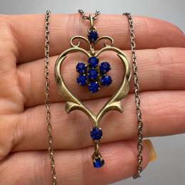 Vintage USSR Jewelry Gilt Silver 875 Heart Necklace Blue Crystal Pendant 6.8g
