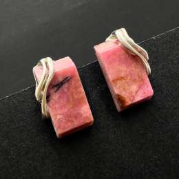 Sterling Silver 925 Rhodonite Stud Earrings Handmade Geometric Pink Stone Marked