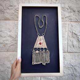 Antique Yemenite Tribal Bedouin Silver Necklace Framed Picture Ethnic Jewelry