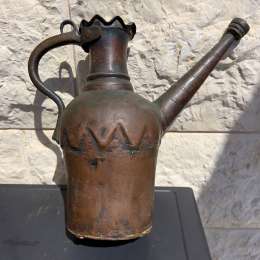 Large Antique Middle Eastern Red Copper Jug Pitcher Hand Etched Forged Folk Art