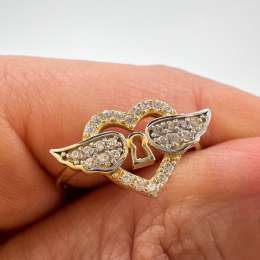 New 14K Solid Gold Women’s Ring Heart Wings Keyhole Italian Jewelry Gift Size 7