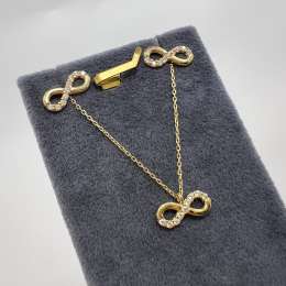 New 14K Solid Gold Infinity Necklace & Stud Earrings Set with CZ Italy Gift 2.8g