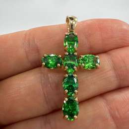 New 14K Solid Gold Cross Pendant Jewelry Green Gemstones Italy Gift Marked 3.3g
