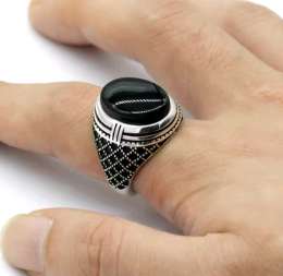925 Sterling Silver Men Ring Bezel Setting Natural Black Agate Stone Retro Punk